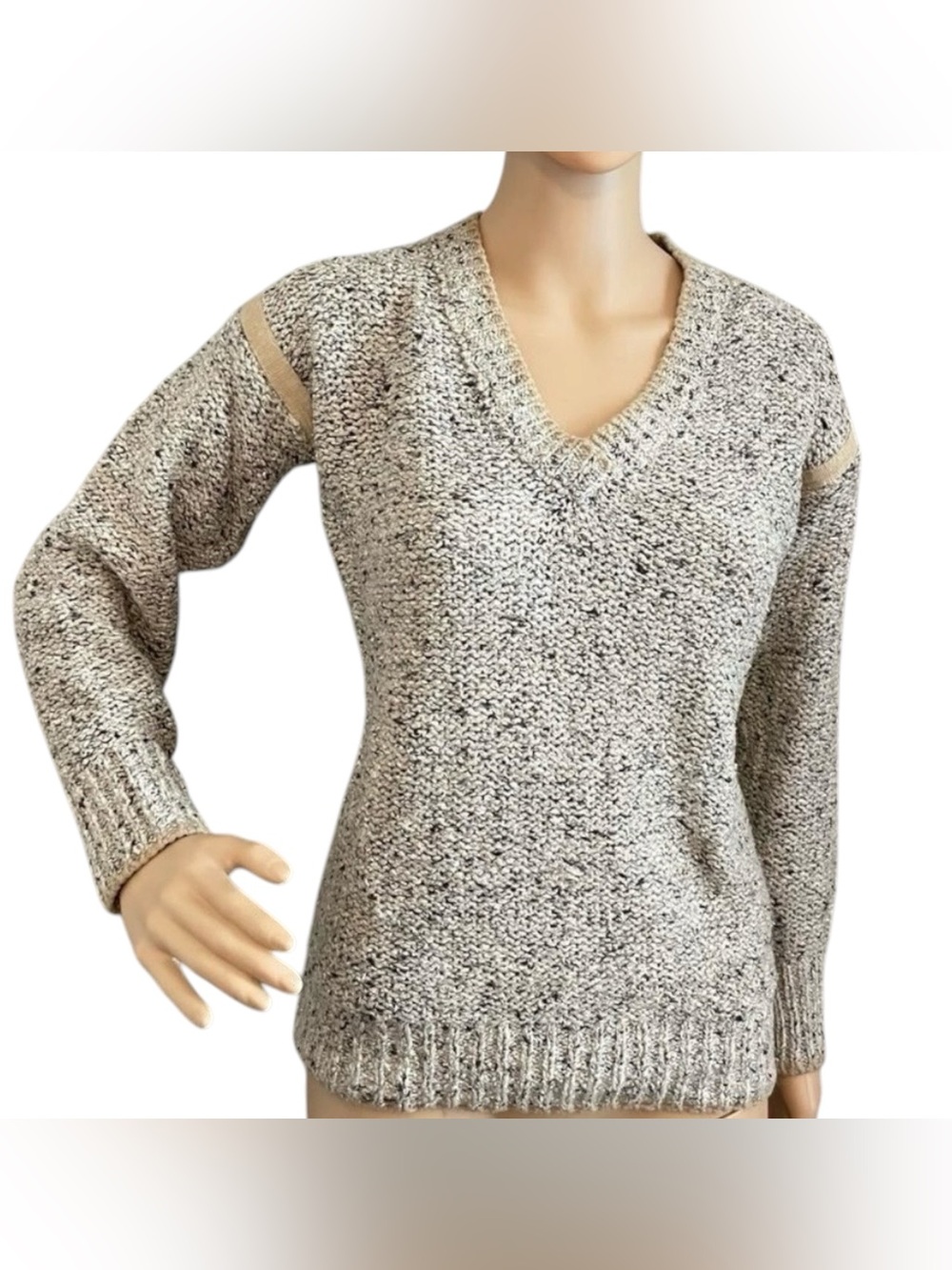 Vintage Huk-a-poo V-neck Long Sleeve Sweater Beige Gray Heathered Size Medium